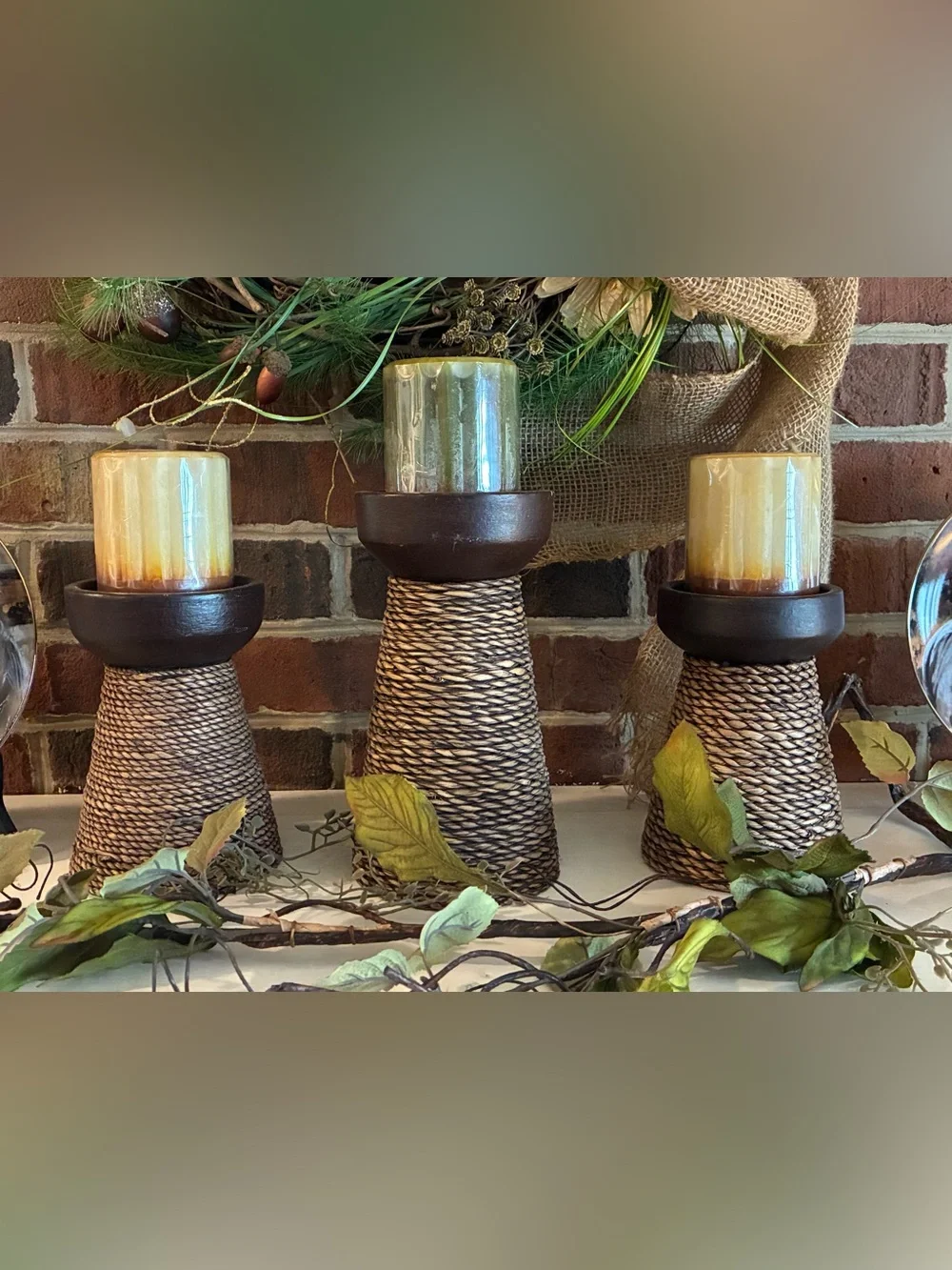 Rustic Woven Rope Candle Holder Set of Three - with Candles